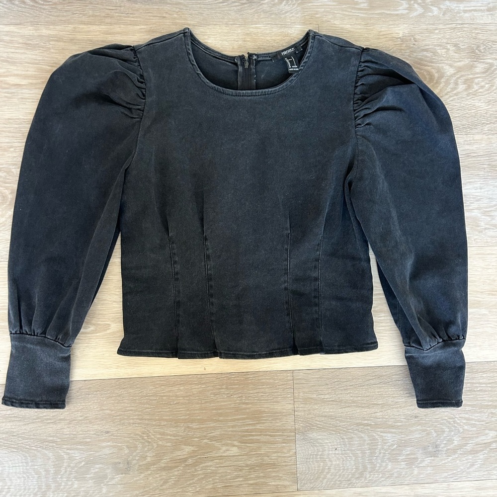 Forever 21 Black Puff Sleeve Corset-Style Top | Size L